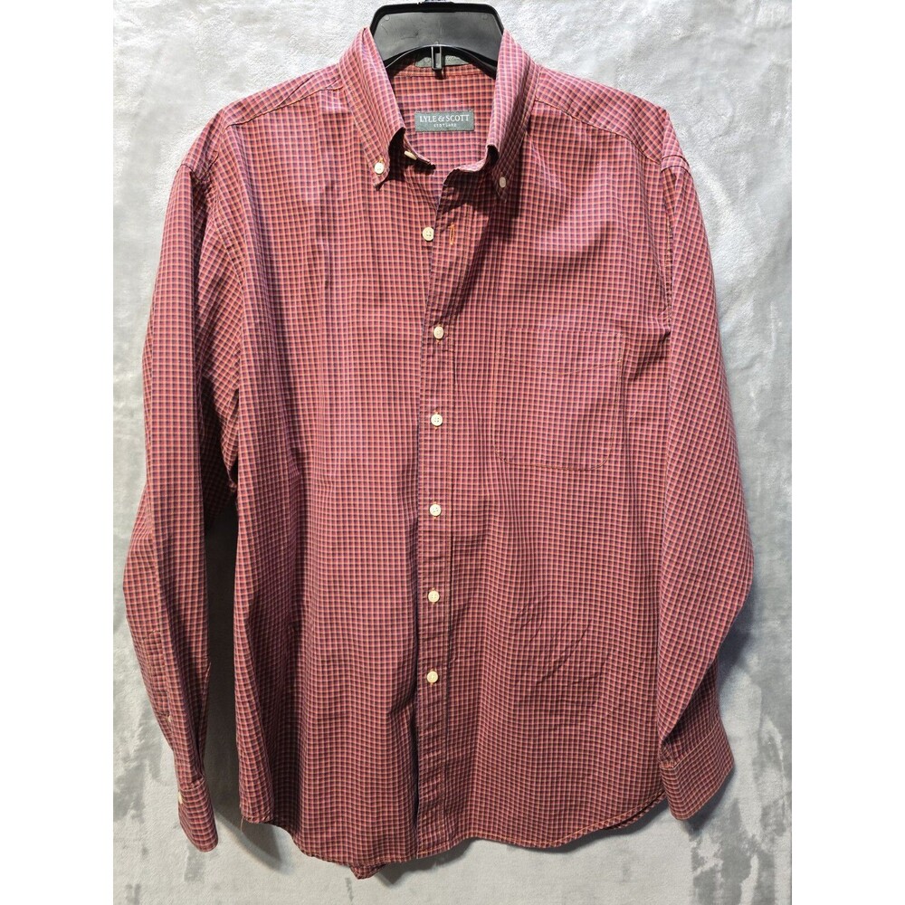 Lyle & Scott Button Down Mens Large Red Blue Check Dress Shirt 2-ply 100% Cotton